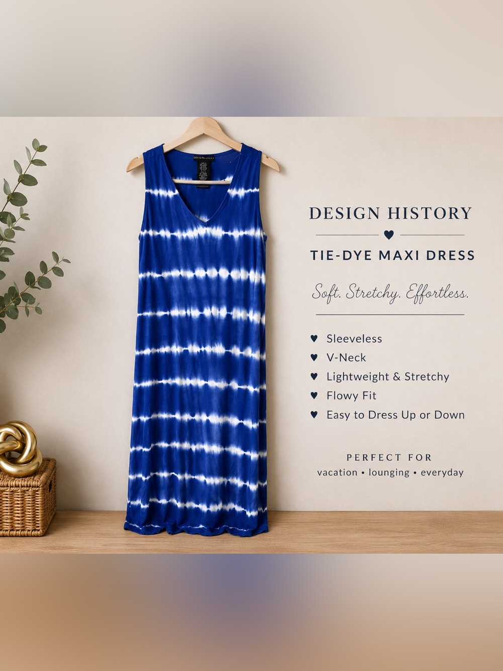 Design History Blue White Tie-Dye Sleeveless Maxi Dress Size M Stretch Knit - Picture 4 of 6